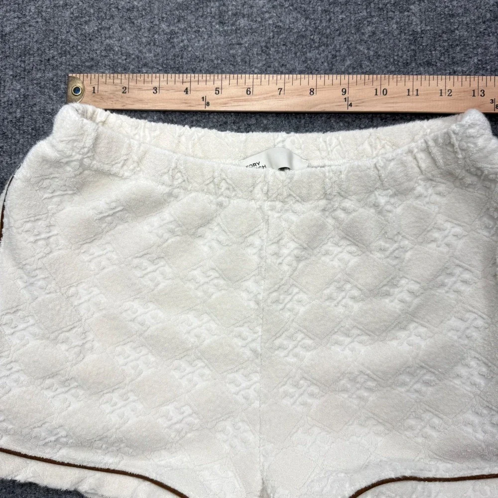 Tory Burch Ivory T-Monogram Terry Cloth Lounge Shorts Small Cream Piping